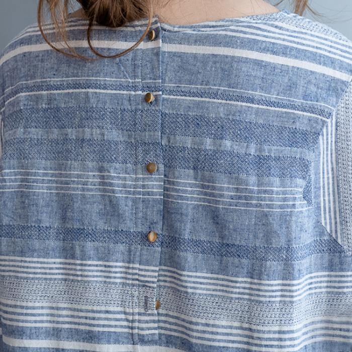 Modern Blue Striped Cotton Pockets Summer Maxi Dresses - SooLinen