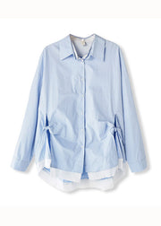 Modern Blue Striped False Two Pieces Patchwork Cotton Shirt Top Spring