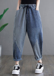 Modern Blue Striped Pockets Elastic Waist Denim Crop Pants Spring