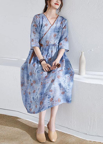 Modern Blue Tie Waist Patchwork Print Summer Ramie Dress Half Sleeve - SooLinen