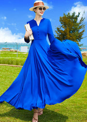 Modern Blue V Neck Exra Large Hem Solid Chiffon A Line Dress Fall
