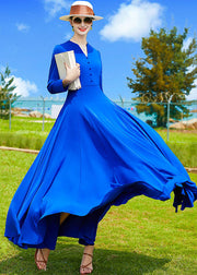 Modern Blue V Neck Exra Large Hem Solid Chiffon A Line Dress Fall