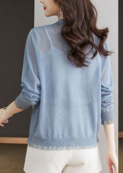 Modern Blue V Neck Lace Patchwork Button Ice Size Knit Cardigans Long Sleeve