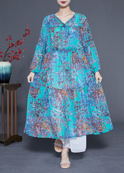 Modern Blue V Neck Patchwork Exra Large Hem Chiffon Long Dresses Spring