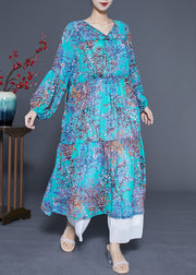 Modern Blue V Neck Patchwork Exra Large Hem Chiffon Long Dresses Spring