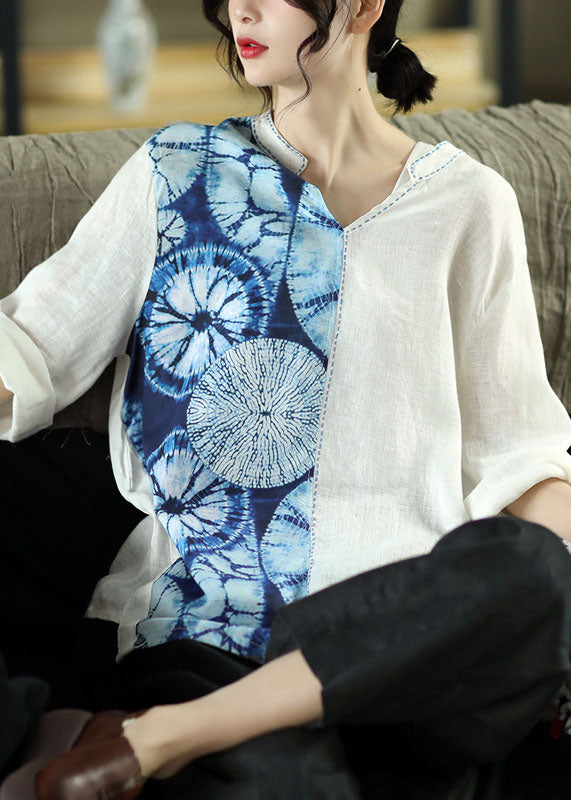 Modern Blue V Neck Patchwork Print Linen Pullover Top Spring