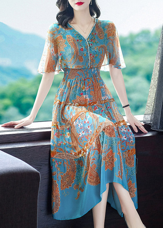 Modern Blue V Neck Print Elastic Waist Silk Long Dress Flare Sleeve
