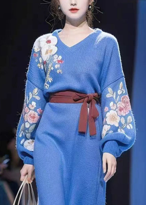 Modern Blue V Neck Print Tie Waist Cotton Knit Long Sweater Dress Winter