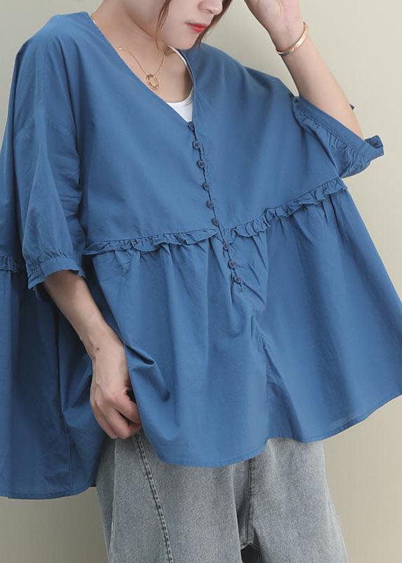 Modern Blue V Neck Ruffled Wrinkled Patchwork Fall Shirt Half Sleeve