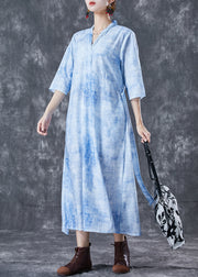 Modern Blue V Neck Tie Dye Linen Cinched Dress Half Sleeve