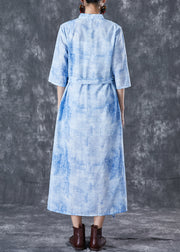 Modern Blue V Neck Tie Dye Linen Cinched Dress Half Sleeve