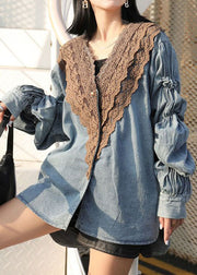 Modern Blue V Neck Wrinkled Lace Patchwork Denim Shirts Coat Spring