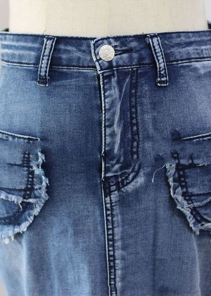 Modern Blue Wrinkled Pockets Patchwork Denim Skirt Summer