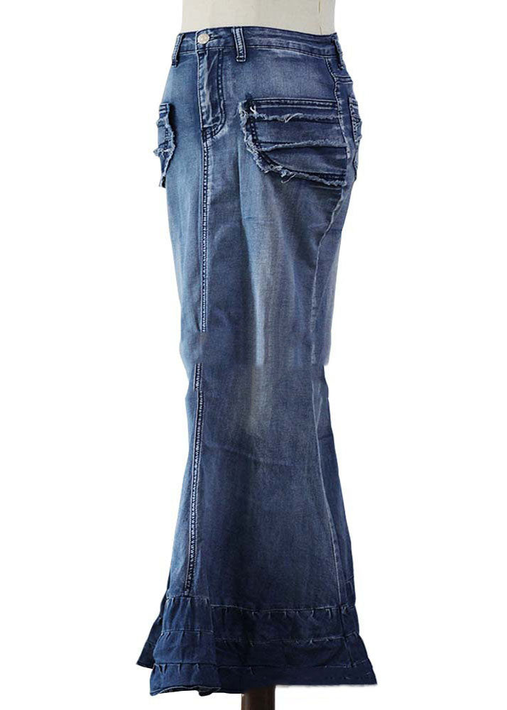 Modern Blue Wrinkled Pockets Patchwork Denim Skirt Summer