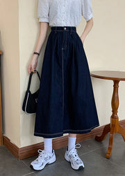 Moderner blauer Reißverschluss Taschenknopf Patchwork Baumwolle A-Linie Röcke Sommer