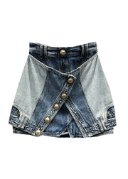 Modern Blue Zip Up Pockets Patchwork Denim Skirts Summer