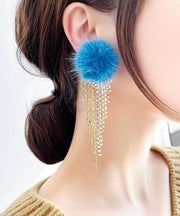 Modern Blue Zircon Tassel Mink Hair Tassel Drop Earrings