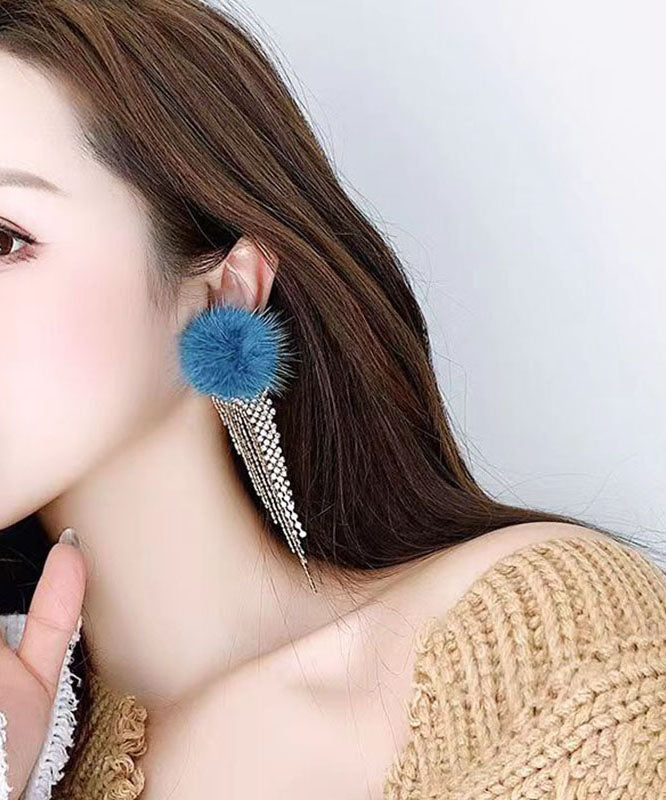 Modern Blue Zircon Tassel Mink Hair Tassel Drop Earrings