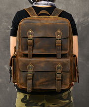 Modern Brown Calf Leather Pockets Solid Color Backpack Bag