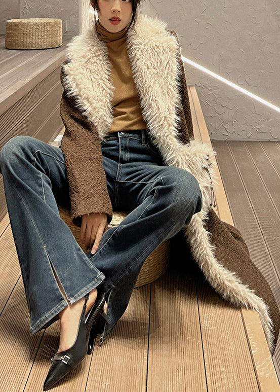 Modern Brown Fur Collar Patchwork Pockets Wool Coats Winter
