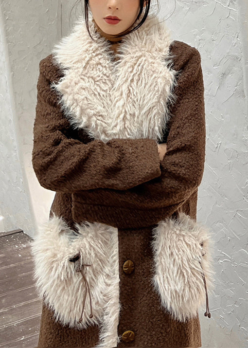 Modern Brown Fur Collar Patchwork Pockets Wool Coats Winter