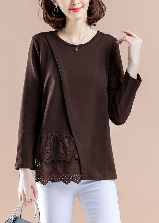 Modern Brown Hollow Out Patchwork Shirt Tops Spring