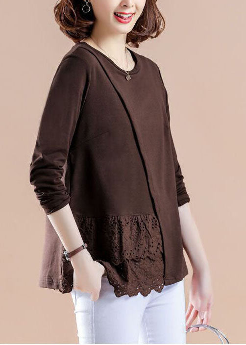 Modern Brown Hollow Out Patchwork Shirt Tops Spring