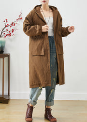 Modern Brown Hooded Pockets Cotton Trench Spring