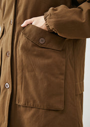 Modern Brown Hooded Pockets Cotton Trench Spring