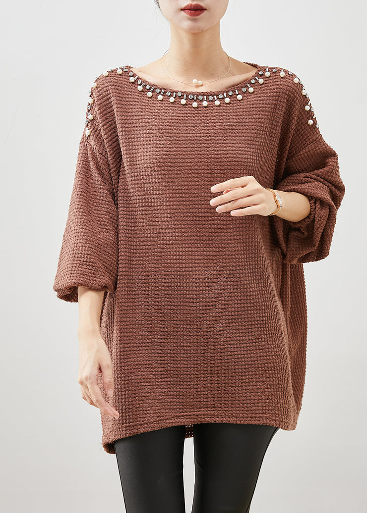 Modern Brown Oversized Nail Bead Knit Top Spring