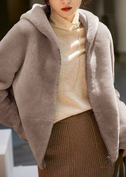 Modern Brown Patchwork Zippered Solid Mink Hair Hoodie Coat Long Sleeve