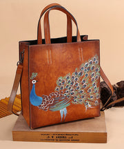 Modern Brown Peacock Print Calf Leather Tote Handbag
