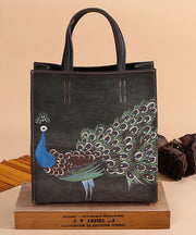 Modern Brown Peacock Print Calf Leather Tote Handbag