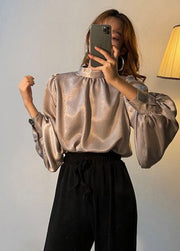 Modern Brown Stand Collar Draping Silk Shirts Lantern Sleeve