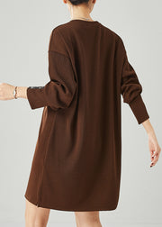 Modern Brown V Neck Cotton Sweatshirt Dress Spring