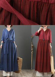 Modern Burgundy Plaid Tunic V Neck Tie Waist Maxi Spring Dress - SooLinen