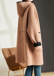 Modern Camel Patchwork Button Hoodie Faux Fur Coat Long Sleeve