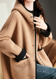 Modern Camel Patchwork Button Hoodie Faux Fur Coat Long Sleeve