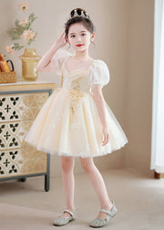 Modern Champagne O-Neck Sequins Patchwork Nail Bead Tulle Girls Mid Dresses Summer