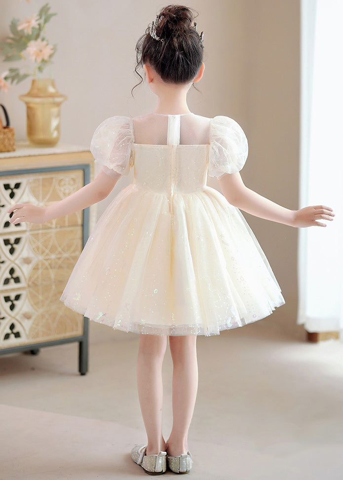 Modern Champagne O-Neck Sequins Patchwork Nail Bead Tulle Girls Mid Dresses Summer