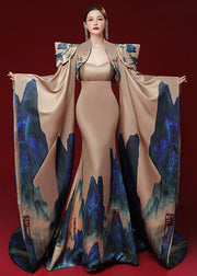Modern Champagne Patchwork Silk Mantle And Bustier Fishtail Dress Two Pieces Set Long Sleeve