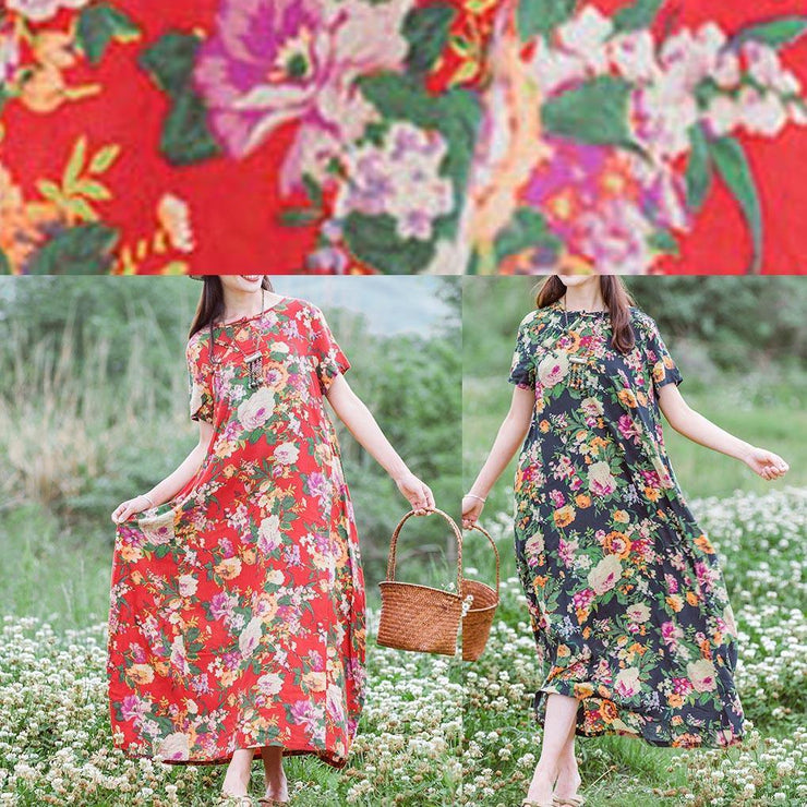 Modern Chinese Button Summer Clothes Women Tutorials Red Print Traveling Dresses - SooLinen