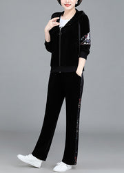 Modern Circle Zippered Print Silk Velour Hooded Coats And Pants Two Pieces Set Fall