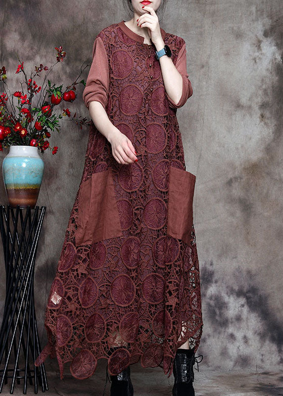 Modern Chocolate Button Embroidered asymmetrical design Fall Vacation Dresses Long sleeve