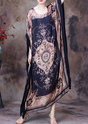 Modern Chocolate O-Neck Print Silk Long Dress Gown Batwing Sleeve