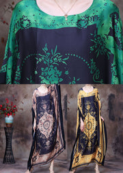 Modern Coffee O-Neck Print Silk Long Dress Gown Fledermausärmel
