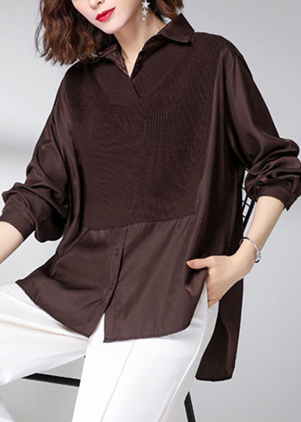 Modern Chocolate Peter Pan Collar Knit Patchwork Silk Shirt Tops Fall