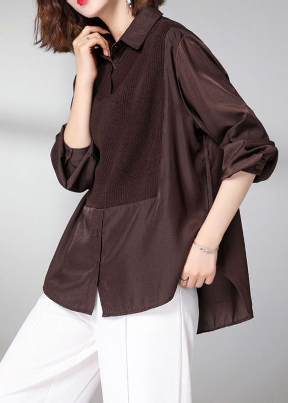 Modern Chocolate Peter Pan Collar Knit Patchwork Silk Shirt Tops Fall