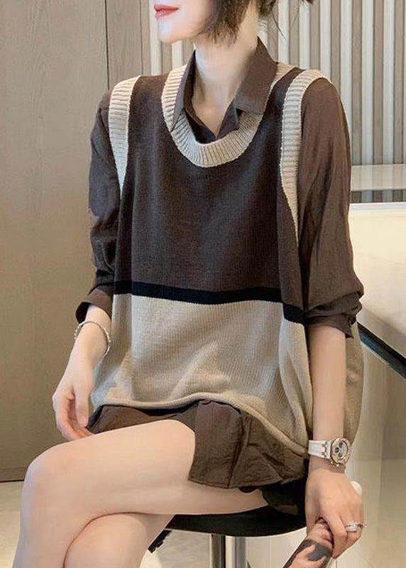 Modern Coffee Peter Pan Collar Patchwork Knit 2 Piece Outfit Fall