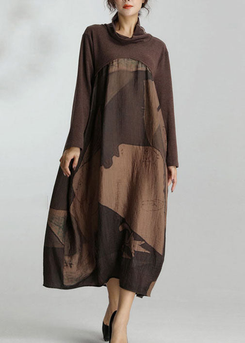 Modern Chocolate Turtle Neck Patchwork Silk Robe Dresses Spring